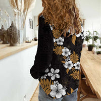 Hawaiian Hibiscus Tribal Floral Brown Women Casual Shirt Polynesian Tapa Pattern - Polynesian Pride