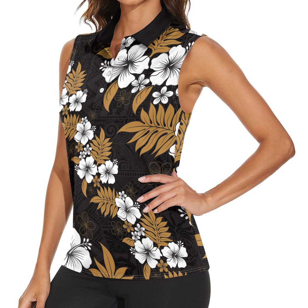 Hawaiian Hibiscus Tribal Floral Brown Women Sleeveless Polo Shirt Polynesian Tapa Pattern LT01 - Polynesian Pride