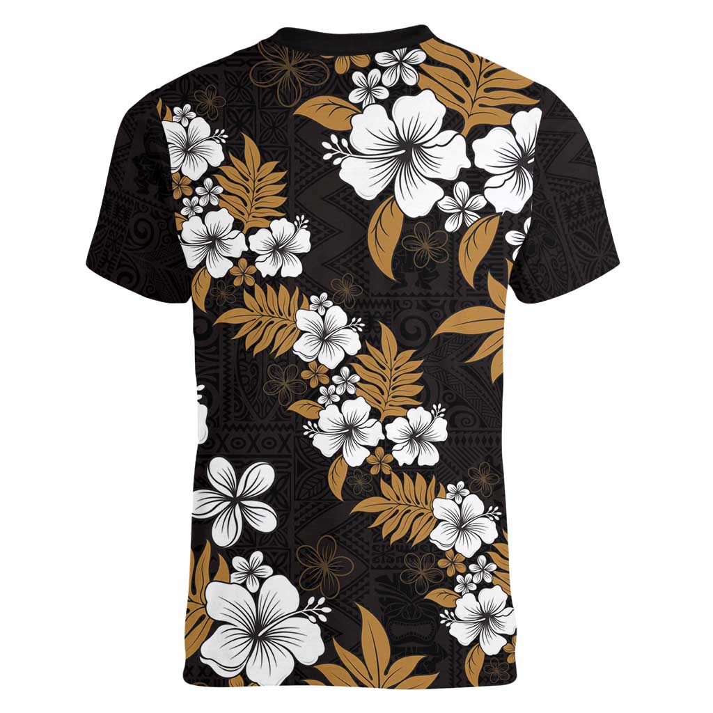 Hawaiian Hibiscus Tribal Floral Brown Women V-Neck T-Shirt Polynesian Tapa Pattern LT01 - Polynesian Pride
