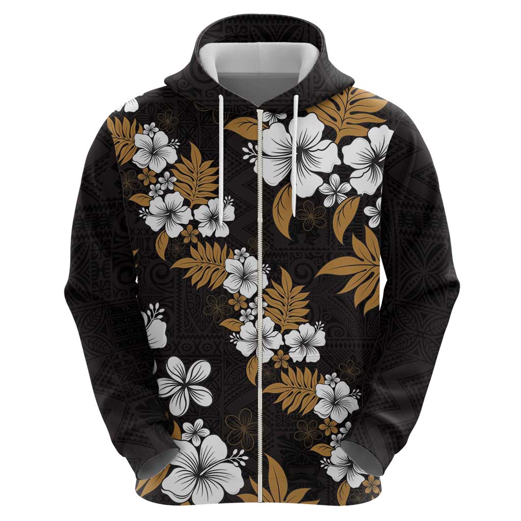 Hawaiian Hibiscus Tribal Floral Brown Zip Hoodie Polynesian Tapa Pattern - Polynesian Pride