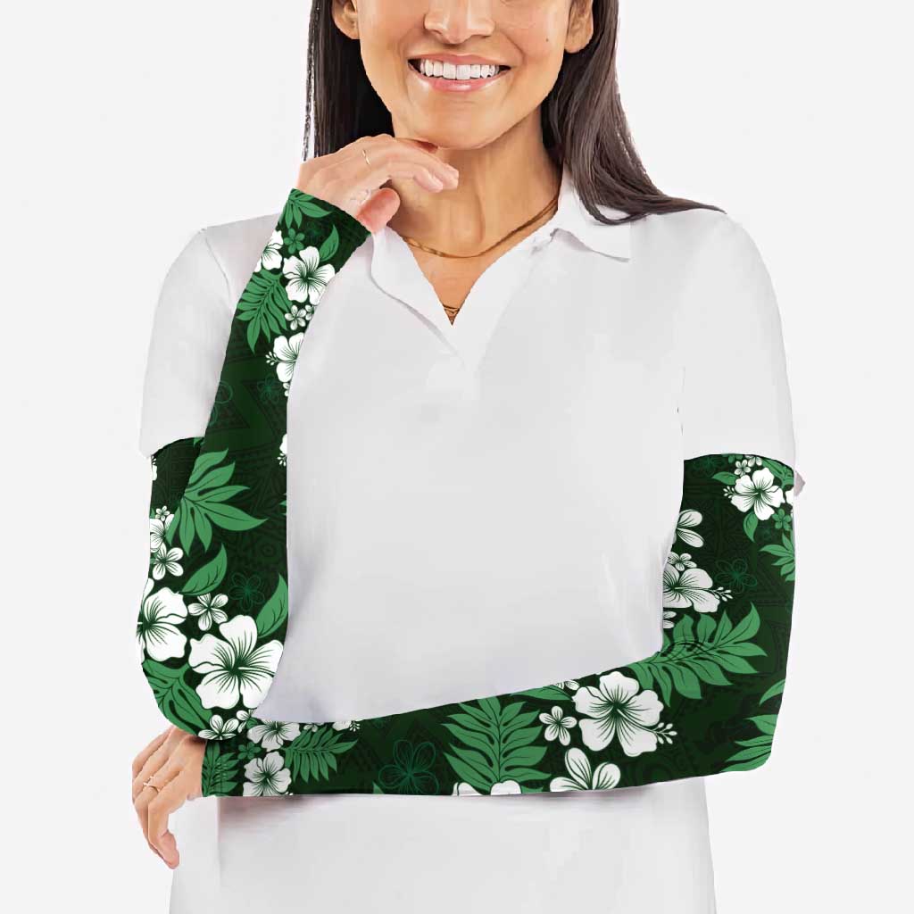 Hawaiian Hibiscus Tribal Floral Green Arm Sleeves Polynesian Tapa Pattern - Polynesian Pride