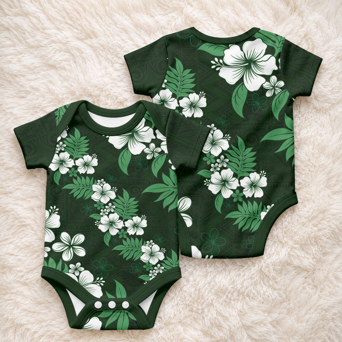 Hawaiian Hibiscus Tribal Floral Green Baby Onesie Polynesian Tapa Pattern