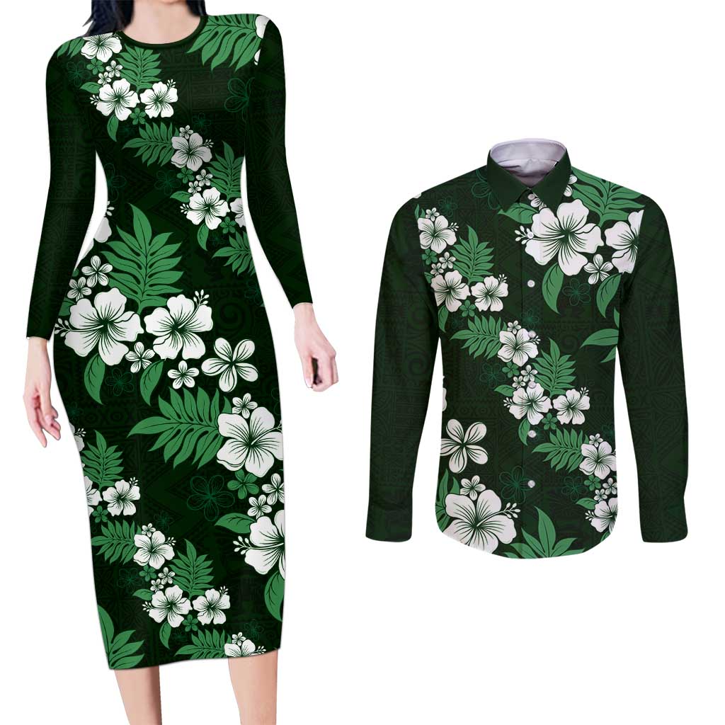 Hawaiian Hibiscus Tribal Floral Green Couples Matching Long Sleeve Bodycon Dress and Long Sleeve Button Shirt Polynesian Tapa Pattern - Polynesian Pride