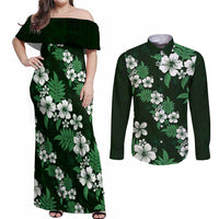 Hawaiian Hibiscus Tribal Floral Green Couples Matching Off Shoulder Maxi Dress and Long Sleeve Button Shirt Polynesian Tapa Pattern - Polynesian Pride