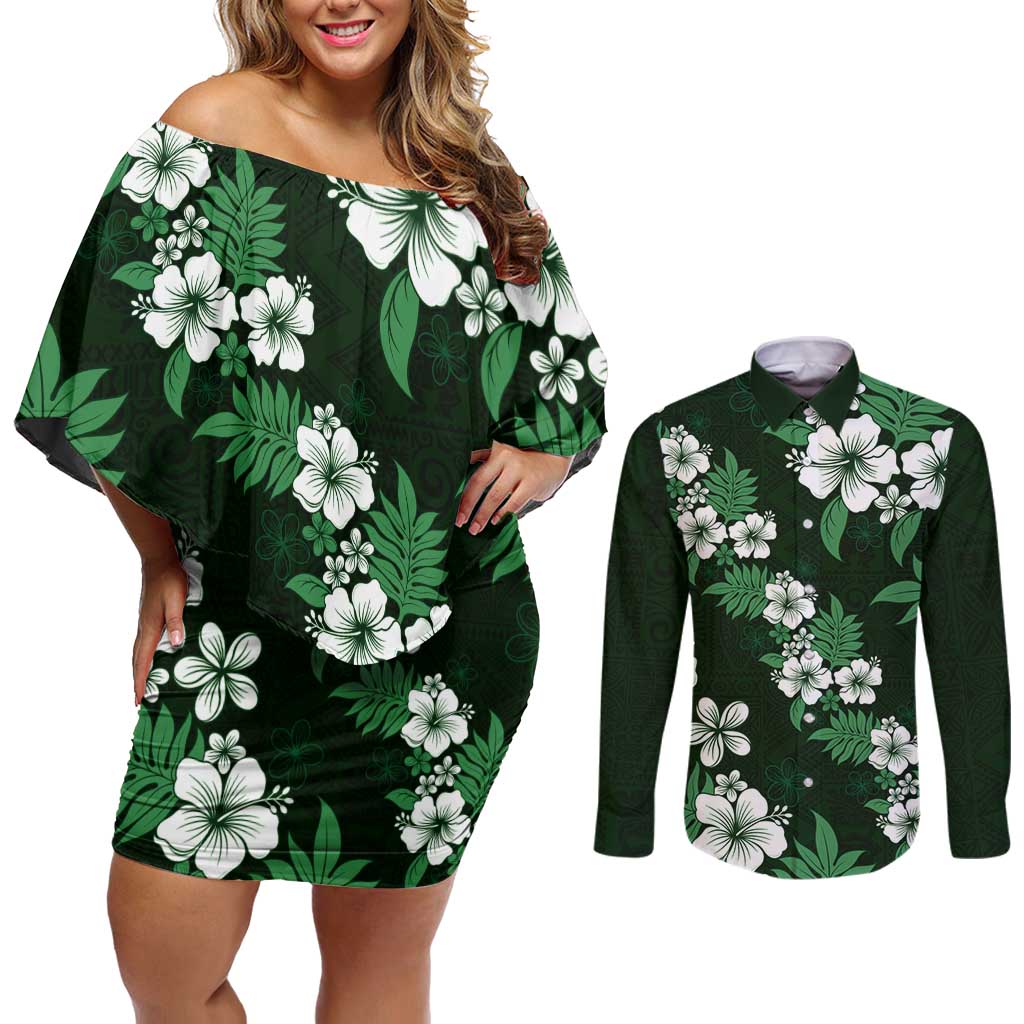 Hawaiian Hibiscus Tribal Floral Green Couples Matching Off Shoulder Short Dress and Long Sleeve Button Shirt Polynesian Tapa Pattern - Polynesian Pride