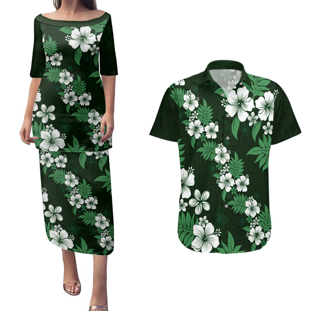 Hawaiian Hibiscus Tribal Floral Green Couples Matching Puletasi and Hawaiian Shirt Polynesian Tapa Pattern LT01 Green - Polynesian Pride