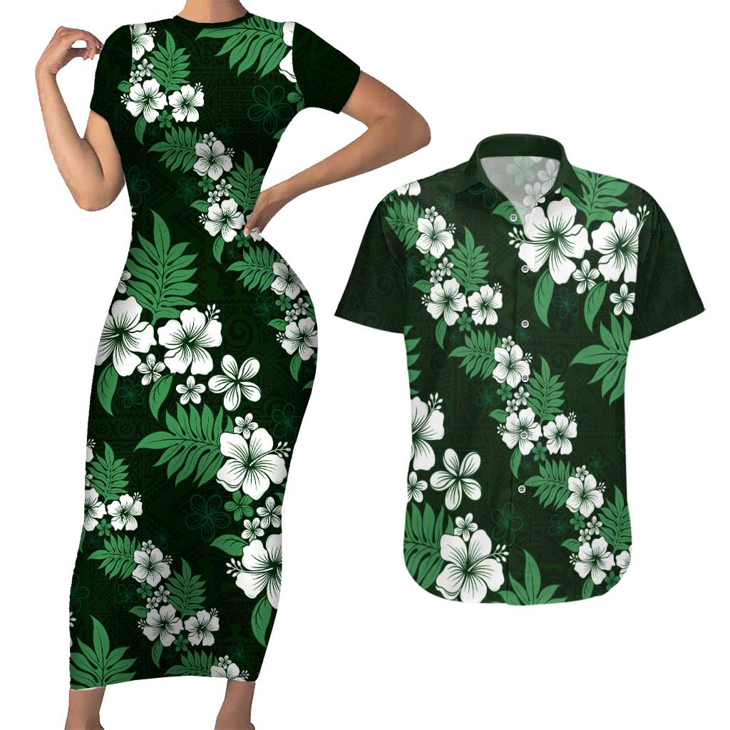 Hawaiian Hibiscus Tribal Floral Green Couples Matching Short Sleeve Bodycon Dress and Hawaiian Shirt Polynesian Tapa Pattern - Polynesian Pride