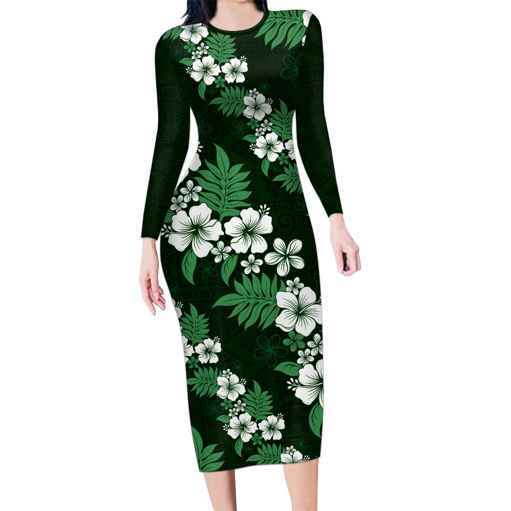 Hawaiian Hibiscus Tribal Floral Green Family Matching Long Sleeve Bodycon Dress and Hawaiian Shirt Polynesian Tapa Pattern LT01 Mom's Dress Green - Polynesian Pride