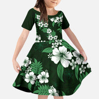 Hawaiian Hibiscus Tribal Floral Green Family Matching Off The Shoulder Long Sleeve Dress and Hawaiian Shirt Polynesian Tapa Pattern LT01 Daughter's Dress Green - Polynesian Pride