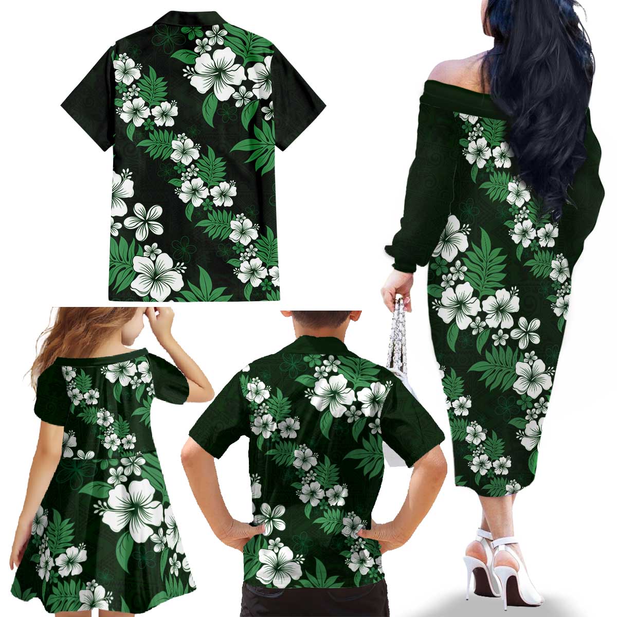 Hawaiian Hibiscus Tribal Floral Green Family Matching Off The Shoulder Long Sleeve Dress and Hawaiian Shirt Polynesian Tapa Pattern LT01 - Polynesian Pride