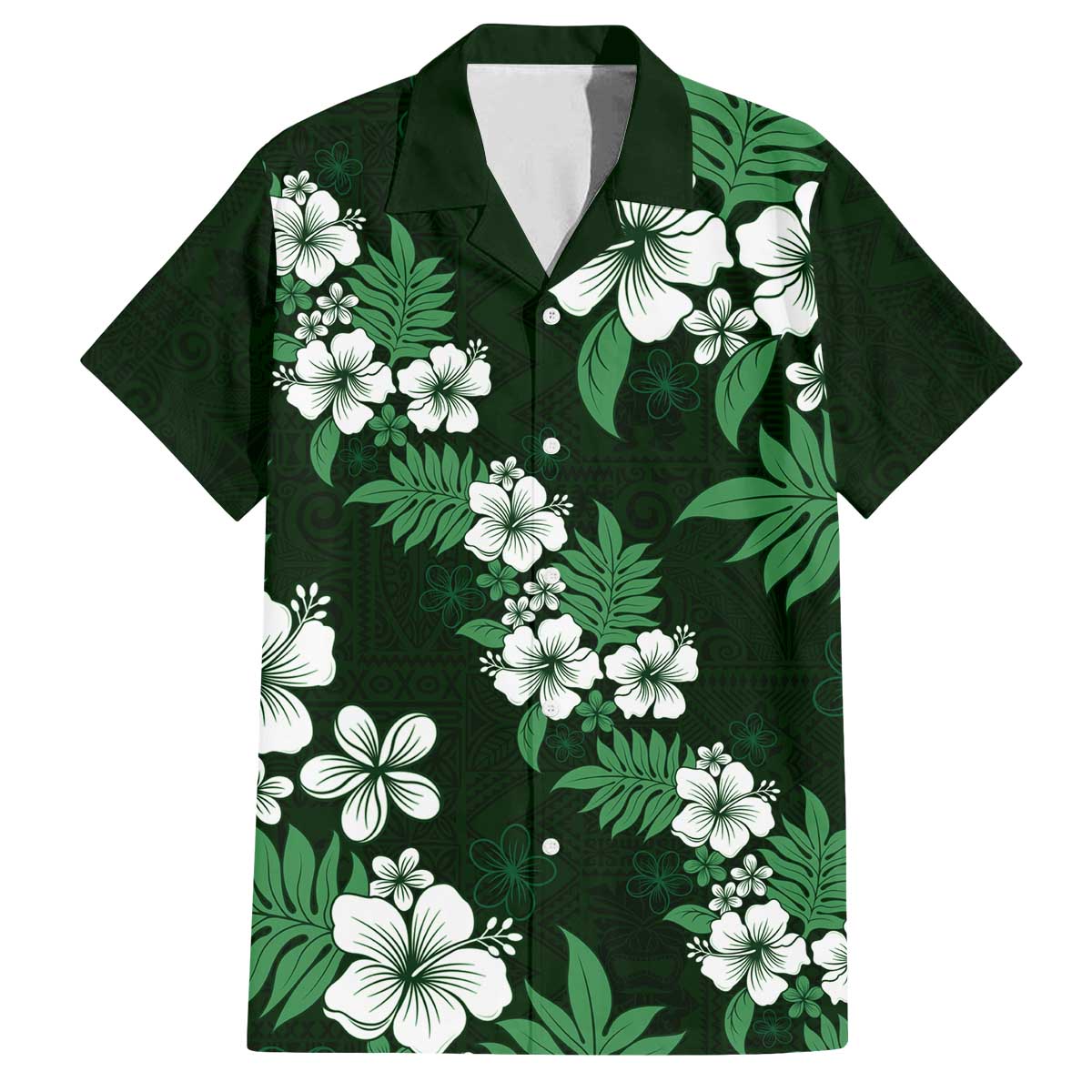 Hawaiian Hibiscus Tribal Floral Green Family Matching Off The Shoulder Long Sleeve Dress and Hawaiian Shirt Polynesian Tapa Pattern LT01 Dad's Shirt - Short Sleeve Green - Polynesian Pride
