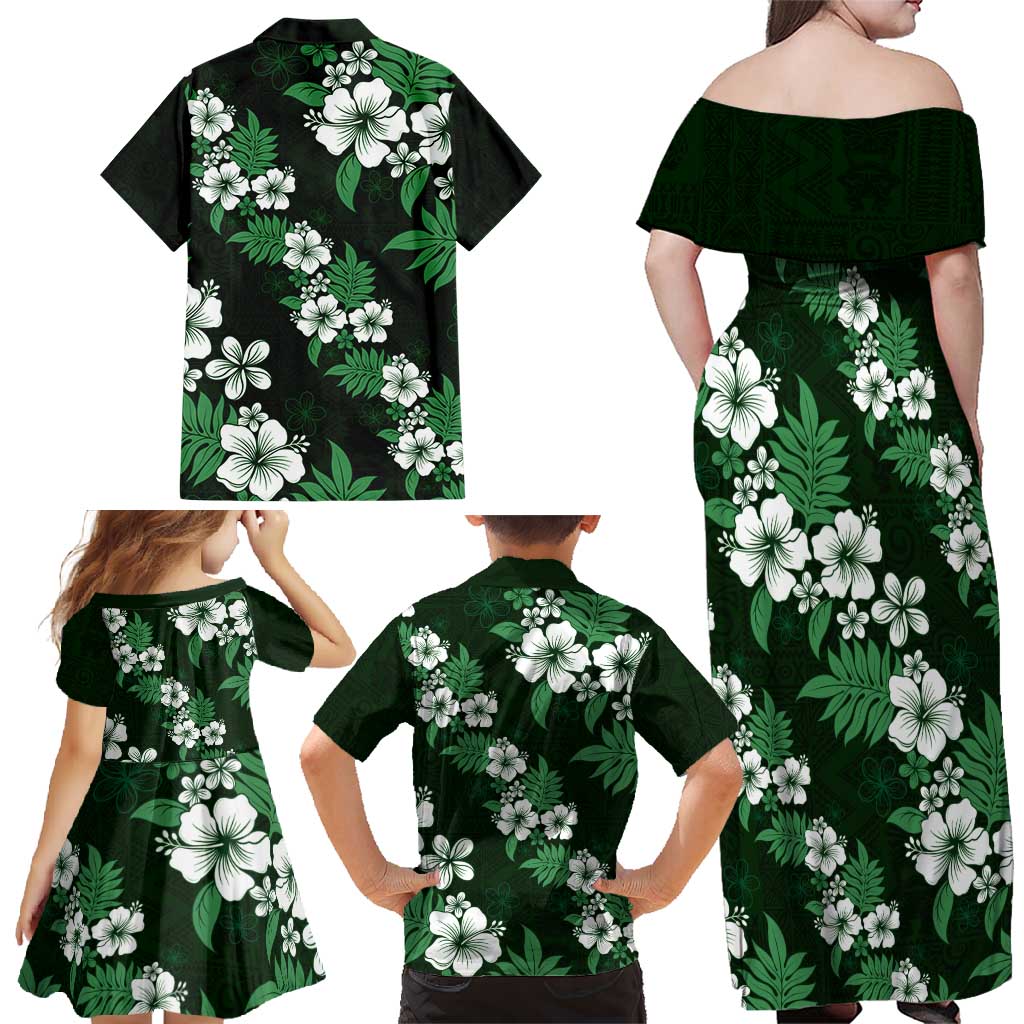 Hawaiian Hibiscus Tribal Floral Green Family Matching Off Shoulder Maxi Dress and Hawaiian Shirt Polynesian Tapa Pattern LT01 - Polynesian Pride