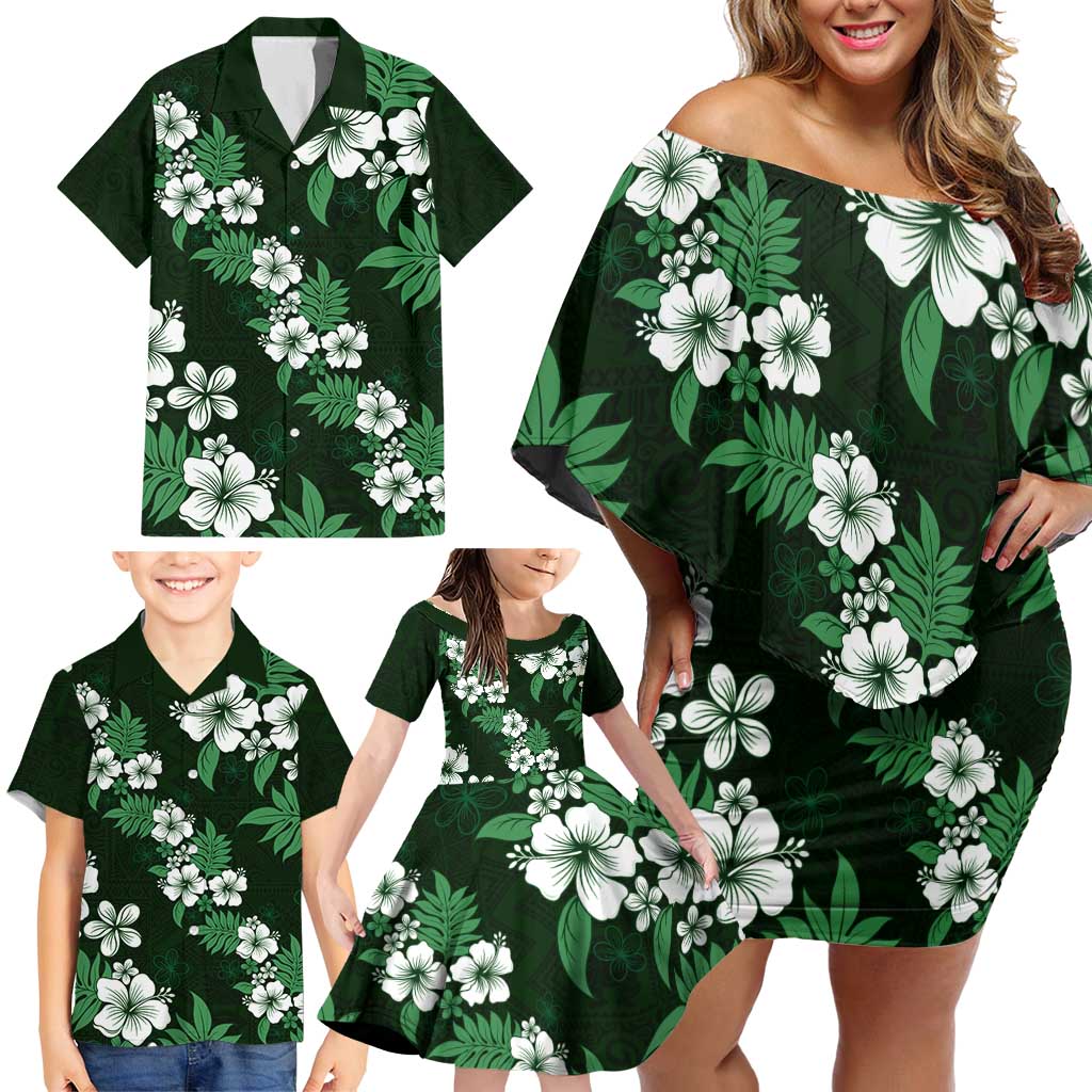 Hawaiian Hibiscus Tribal Floral Green Family Matching Off Shoulder Short Dress and Hawaiian Shirt Polynesian Tapa Pattern LT01 - Polynesian Pride
