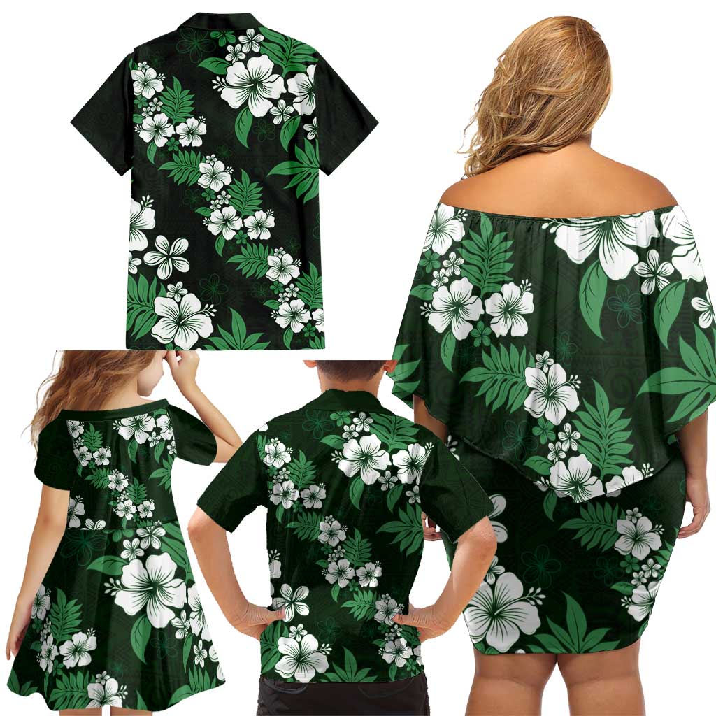 Hawaiian Hibiscus Tribal Floral Green Family Matching Off Shoulder Short Dress and Hawaiian Shirt Polynesian Tapa Pattern LT01 - Polynesian Pride