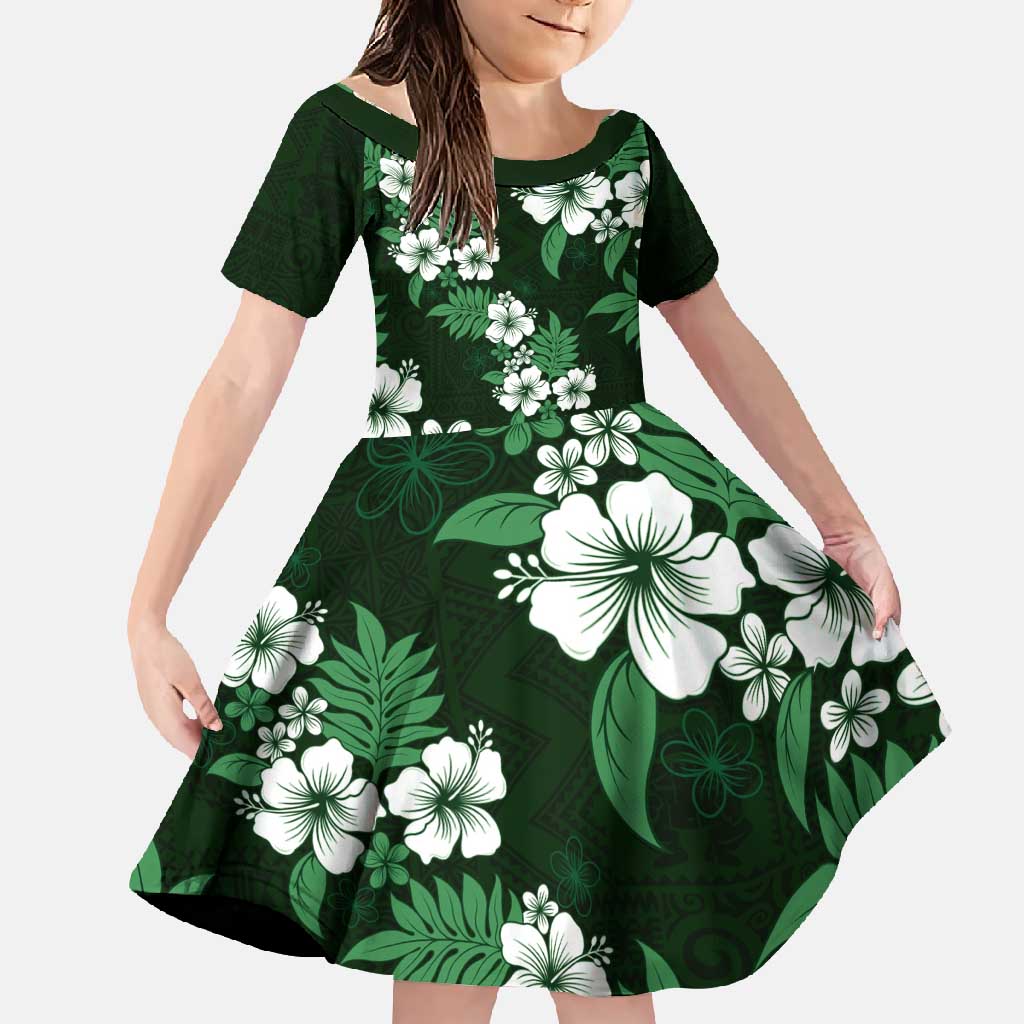 Hawaiian Hibiscus Tribal Floral Green Family Matching Short Sleeve Bodycon Dress and Hawaiian Shirt Polynesian Tapa Pattern LT01 Daughter's Dress Green - Polynesian Pride