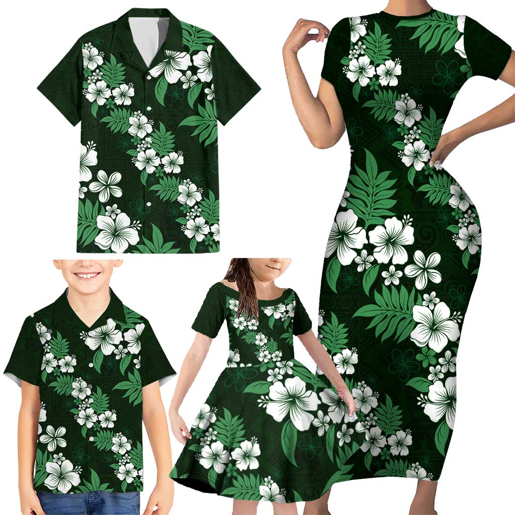 Hawaiian Hibiscus Tribal Floral Green Family Matching Short Sleeve Bodycon Dress and Hawaiian Shirt Polynesian Tapa Pattern - Polynesian Pride
