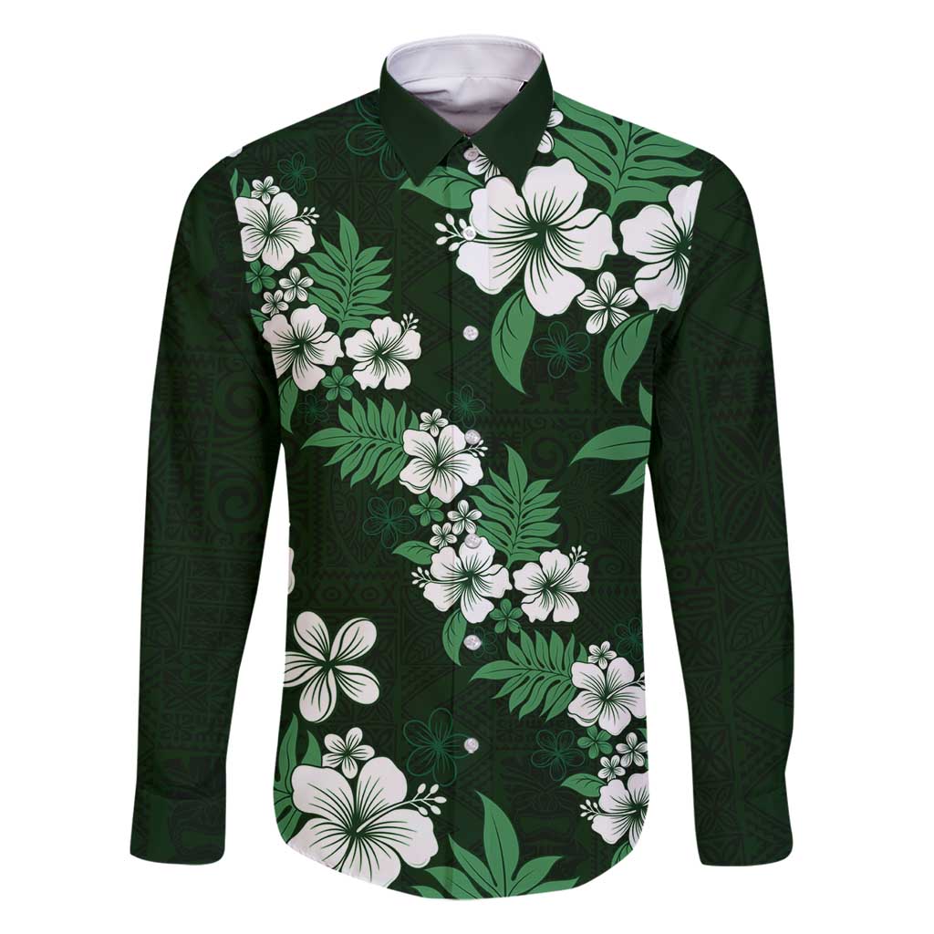 Hawaiian Hibiscus Tribal Floral Green Family Matching Summer Maxi Dress and Hawaiian Shirt Polynesian Tapa Pattern LT01 Dad's Shirt - Long Sleeve Green - Polynesian Pride