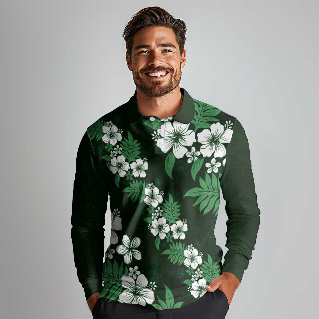 Hawaiian Hibiscus Tribal Floral Green Long Sleeve Polo Shirt Polynesian Tapa Pattern - Polynesian Pride