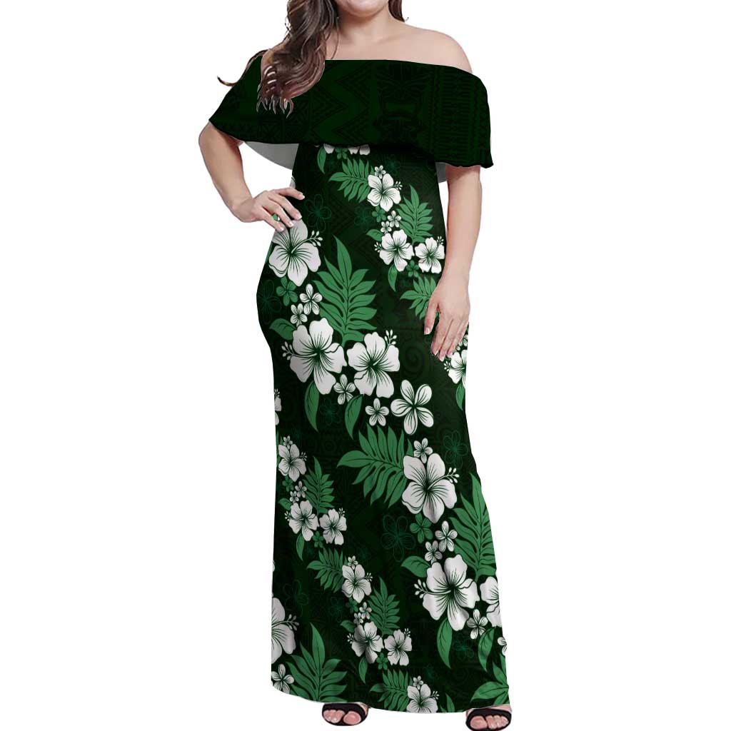 Hawaiian Hibiscus Tribal Floral Green Off Shoulder Maxi Dress Polynesian Tapa Pattern LT01 Women Green - Polynesian Pride