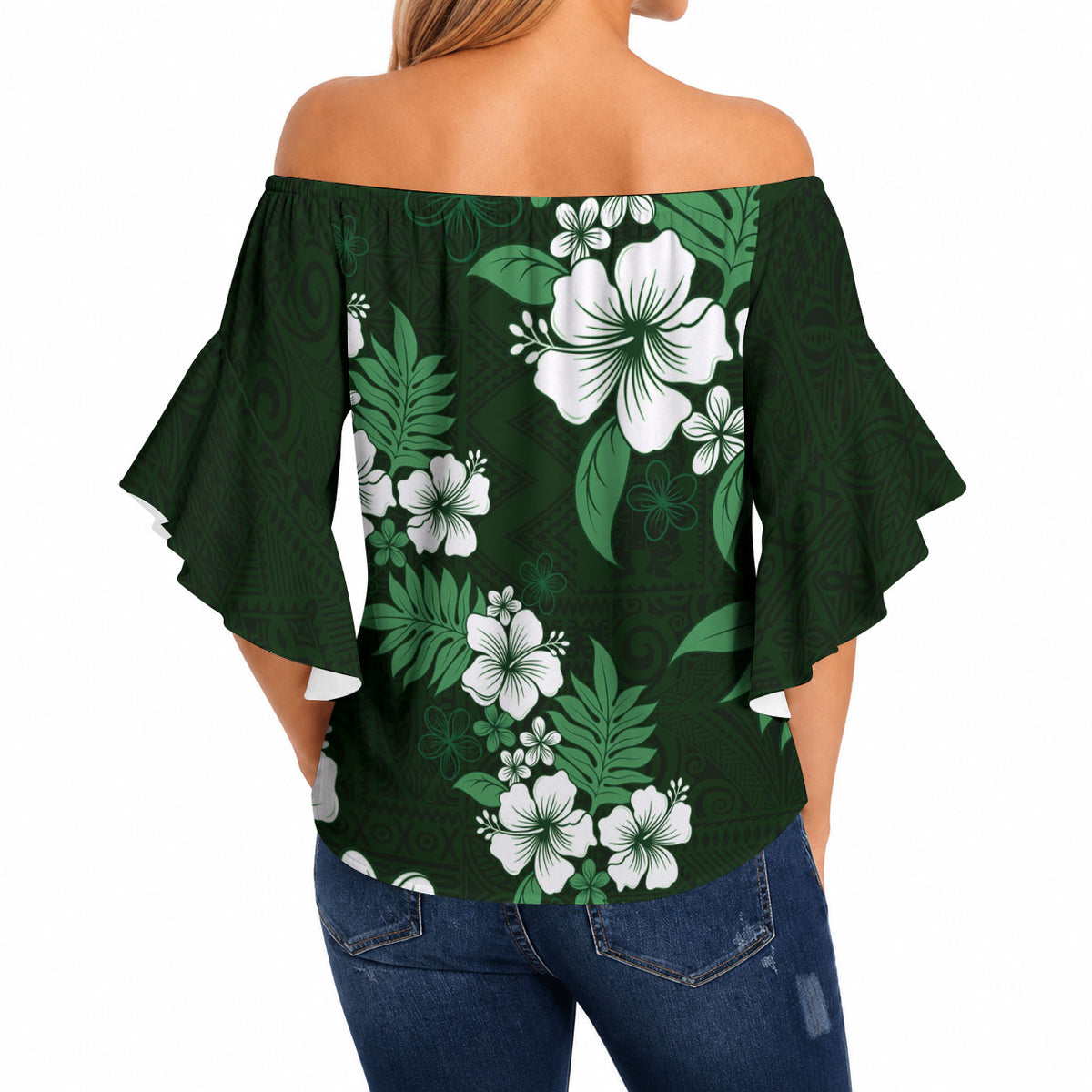 Hawaiian Hibiscus Tribal Floral Green Off Shoulder Wrap Waist Top Polynesian Tapa Pattern LT01 - Polynesian Pride