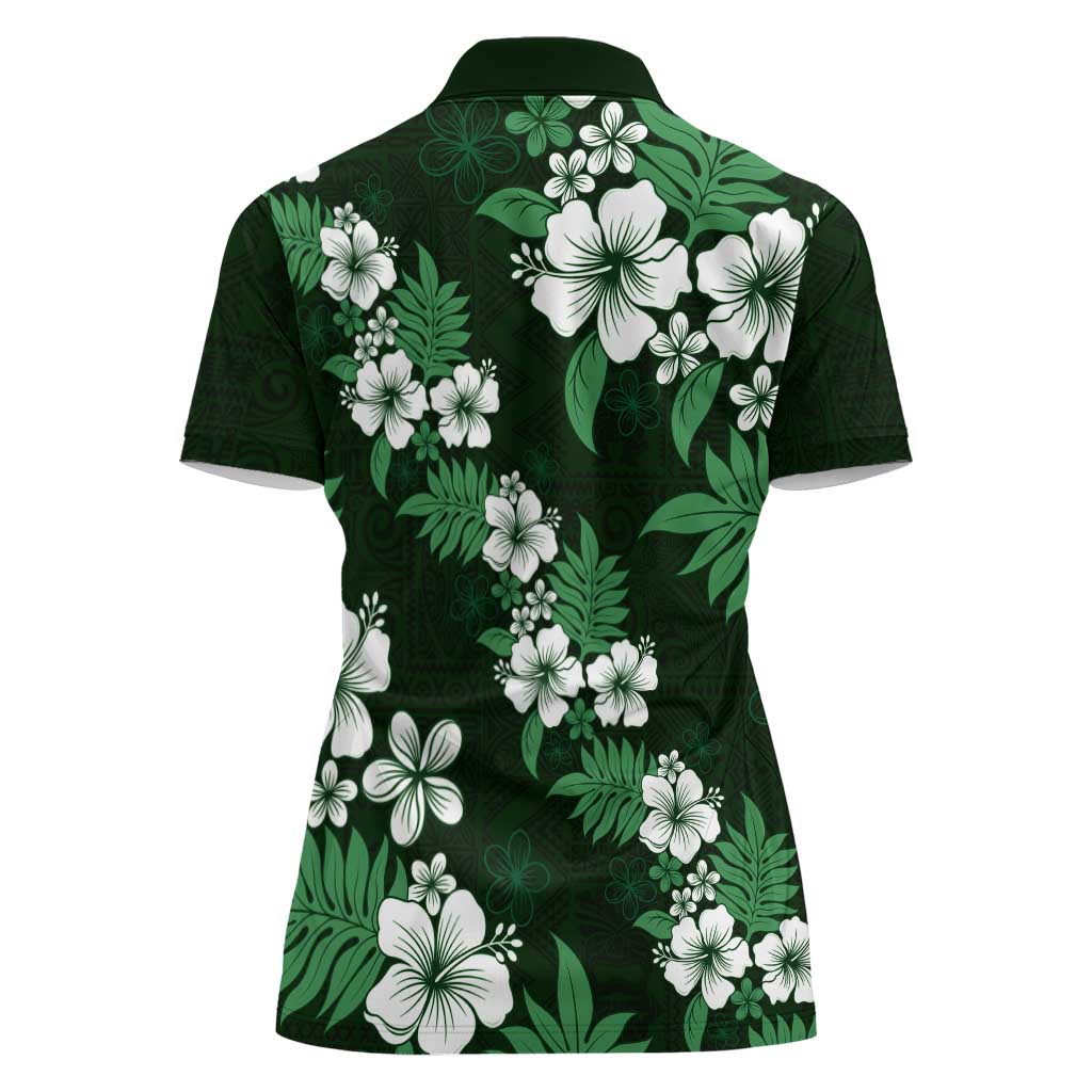 Hawaiian Hibiscus Tribal Floral Green Women Polo Shirt Polynesian Tapa Pattern - Polynesian Pride