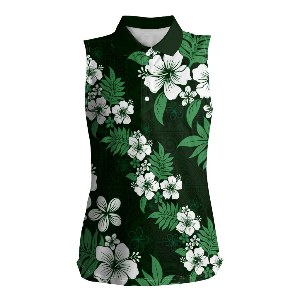 Hawaiian Hibiscus Tribal Floral Green Women Sleeveless Polo Shirt Polynesian Tapa Pattern LT01 Female Green - Polynesian Pride