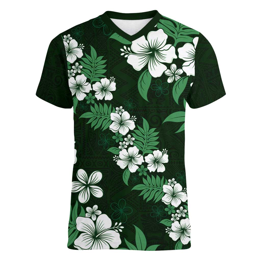 Hawaiian Hibiscus Tribal Floral Green Women V-Neck T-Shirt Polynesian Tapa Pattern LT01 Female Green - Polynesian Pride