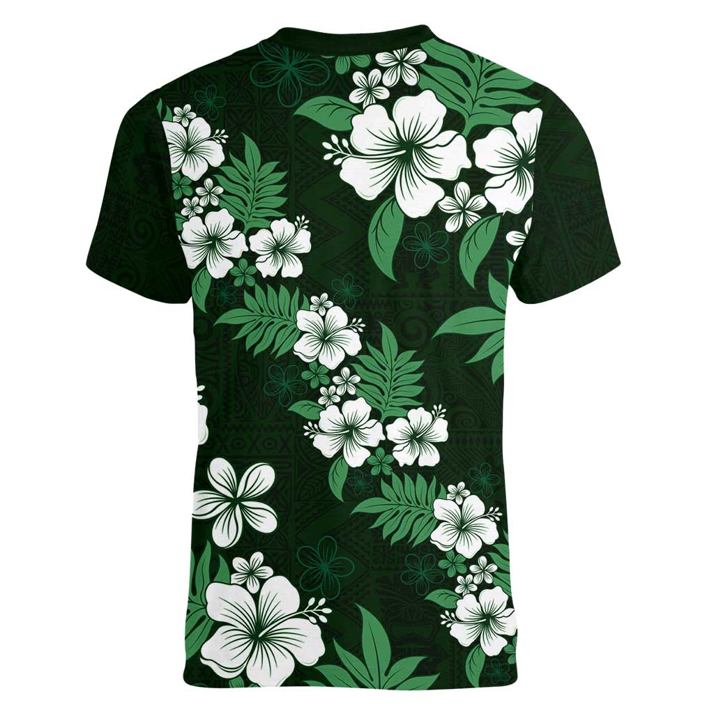Hawaiian Hibiscus Tribal Floral Green Women V-Neck T-Shirt Polynesian Tapa Pattern LT01 - Polynesian Pride