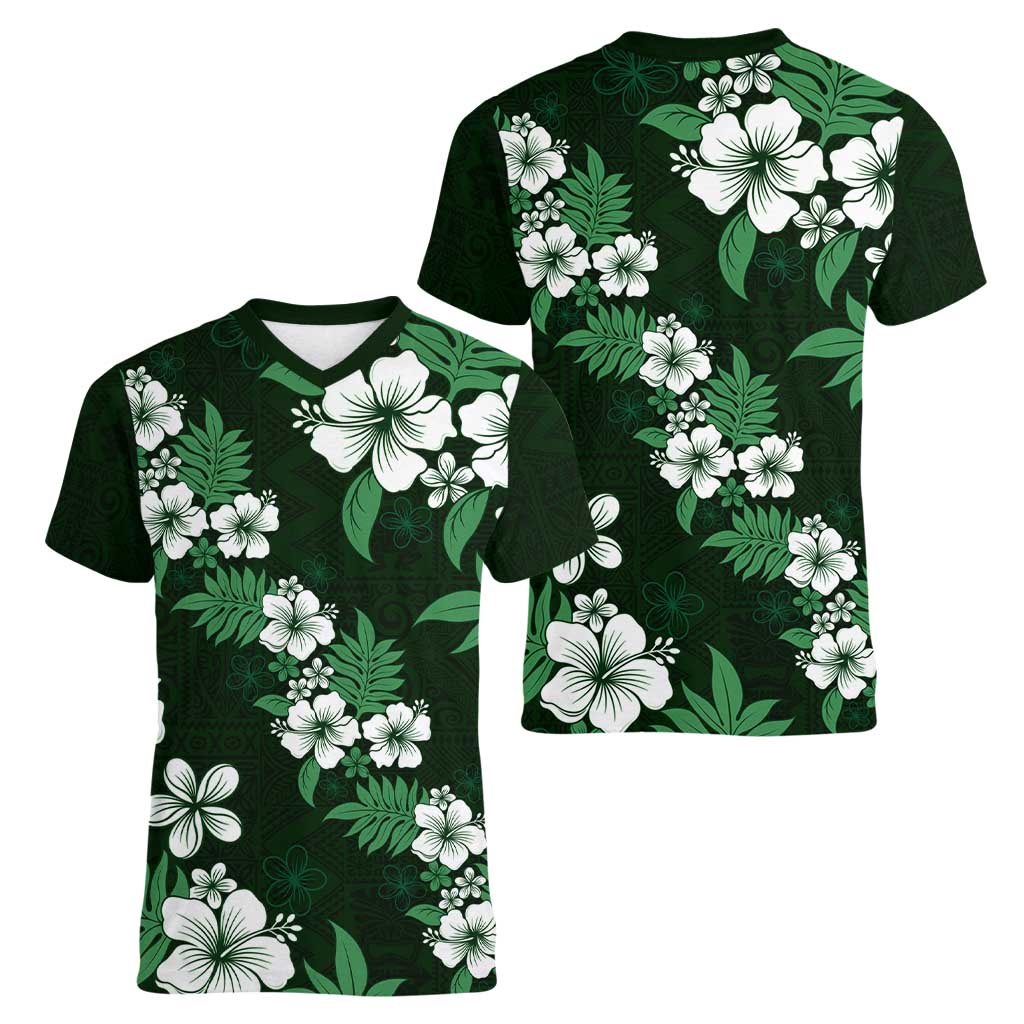 Hawaiian Hibiscus Tribal Floral Green Women V-Neck T-Shirt Polynesian Tapa Pattern LT01 - Polynesian Pride