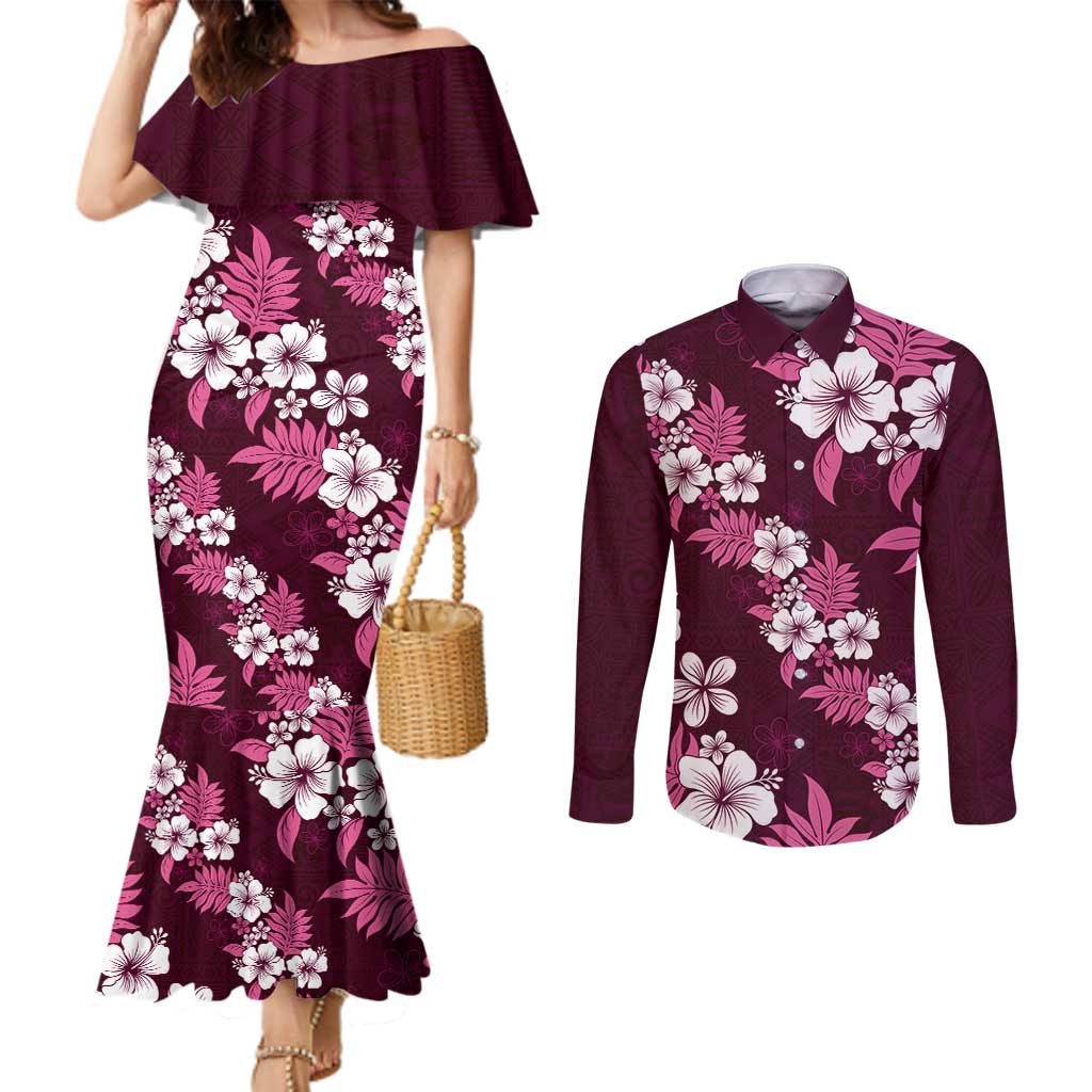 Hawaiian Hibiscus Tribal Floral Pink Couples Matching Mermaid Dress and Long Sleeve Button Shirt Polynesian Tapa Pattern - Polynesian Pride