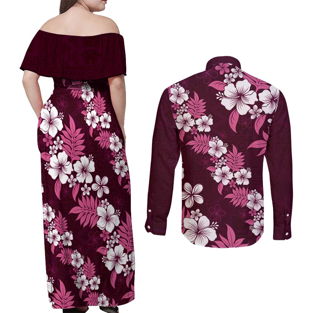 Hawaiian Hibiscus Tribal Floral Pink Couples Matching Off Shoulder Maxi Dress and Long Sleeve Button Shirt Polynesian Tapa Pattern - Polynesian Pride