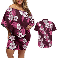 Hawaiian Hibiscus Tribal Floral Pink Couples Matching Off Shoulder Short Dress and Hawaiian Shirt Polynesian Tapa Pattern - Polynesian Pride
