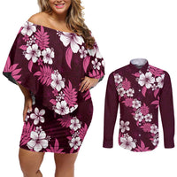 Hawaiian Hibiscus Tribal Floral Pink Couples Matching Off Shoulder Short Dress and Long Sleeve Button Shirt Polynesian Tapa Pattern - Polynesian Pride
