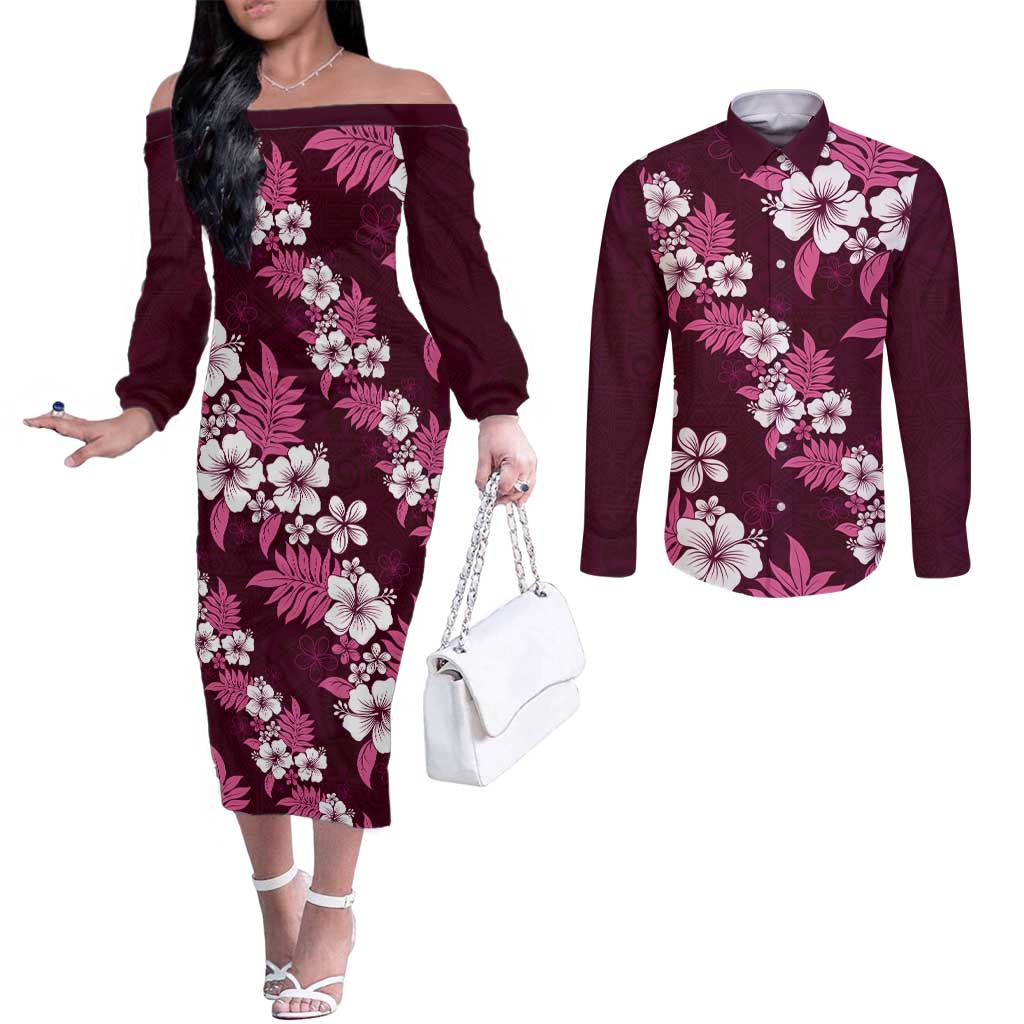 Hawaiian Hibiscus Tribal Floral Pink Couples Matching Off The Shoulder Long Sleeve Dress and Long Sleeve Button Shirt Polynesian Tapa Pattern - Polynesian Pride