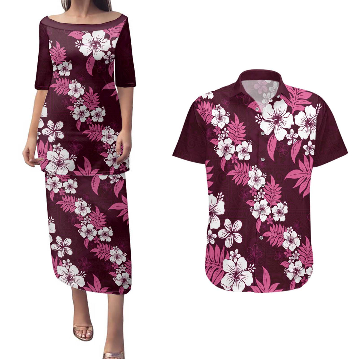 Hawaiian Hibiscus Tribal Floral Pink Couples Matching Puletasi and Hawaiian Shirt Polynesian Tapa Pattern LT01 Pink - Polynesian Pride