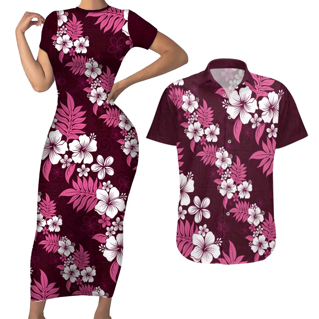 Hawaiian Hibiscus Tribal Floral Pink Couples Matching Short Sleeve Bodycon Dress and Hawaiian Shirt Polynesian Tapa Pattern - Polynesian Pride