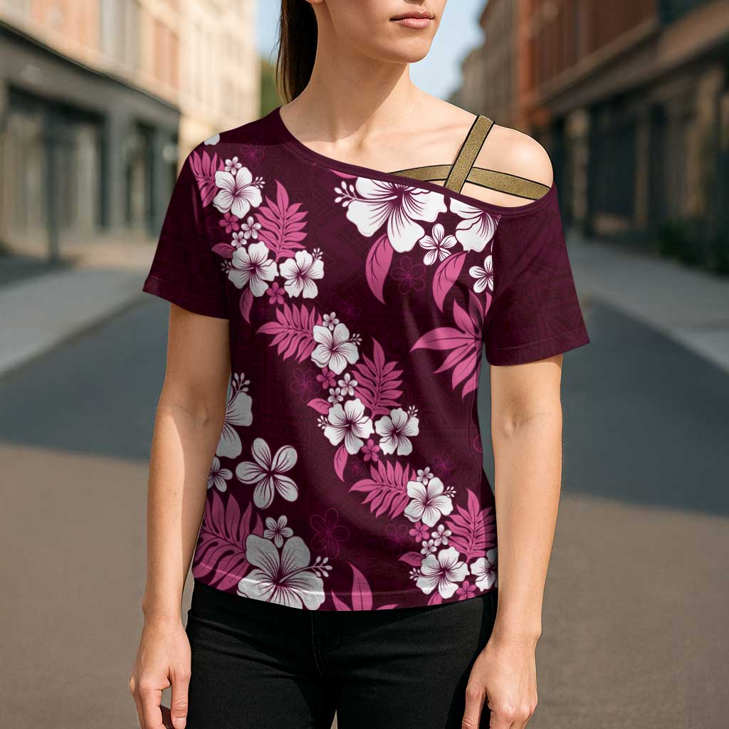 Hawaiian Hibiscus Tribal Floral Pink Cross Shoulder Shirt Polynesian Tapa Pattern - Polynesian Pride