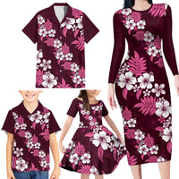 Hawaiian Hibiscus Tribal Floral Pink Family Matching Long Sleeve Bodycon Dress and Hawaiian Shirt Polynesian Tapa Pattern LT01 - Polynesian Pride