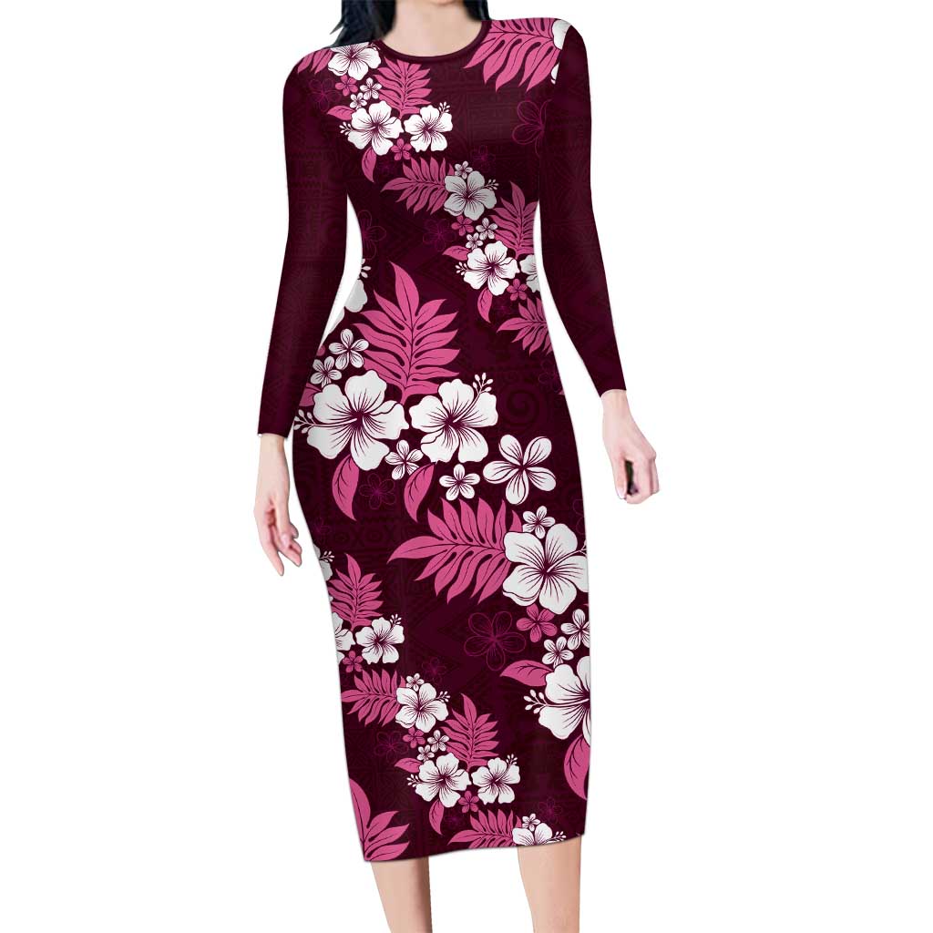 Hawaiian Hibiscus Tribal Floral Pink Family Matching Long Sleeve Bodycon Dress and Hawaiian Shirt Polynesian Tapa Pattern LT01 Mom's Dress Pink - Polynesian Pride