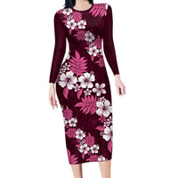 Hawaiian Hibiscus Tribal Floral Pink Family Matching Long Sleeve Bodycon Dress and Hawaiian Shirt Polynesian Tapa Pattern LT01 Mom's Dress Pink - Polynesian Pride