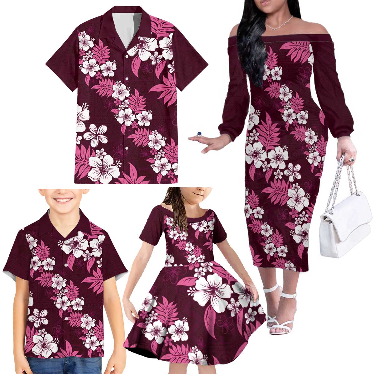 Hawaiian Hibiscus Tribal Floral Pink Family Matching Off The Shoulder Long Sleeve Dress and Hawaiian Shirt Polynesian Tapa Pattern LT01 - Polynesian Pride