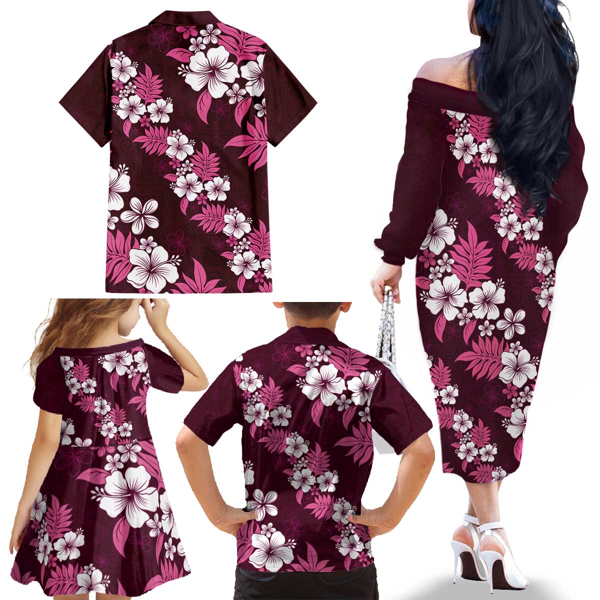 Hawaiian Hibiscus Tribal Floral Pink Family Matching Off The Shoulder Long Sleeve Dress and Hawaiian Shirt Polynesian Tapa Pattern LT01 - Polynesian Pride
