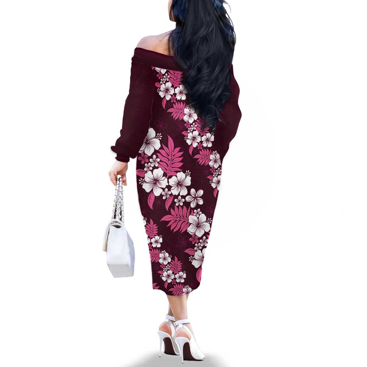 Hawaiian Hibiscus Tribal Floral Pink Family Matching Off The Shoulder Long Sleeve Dress and Hawaiian Shirt Polynesian Tapa Pattern LT01 - Polynesian Pride