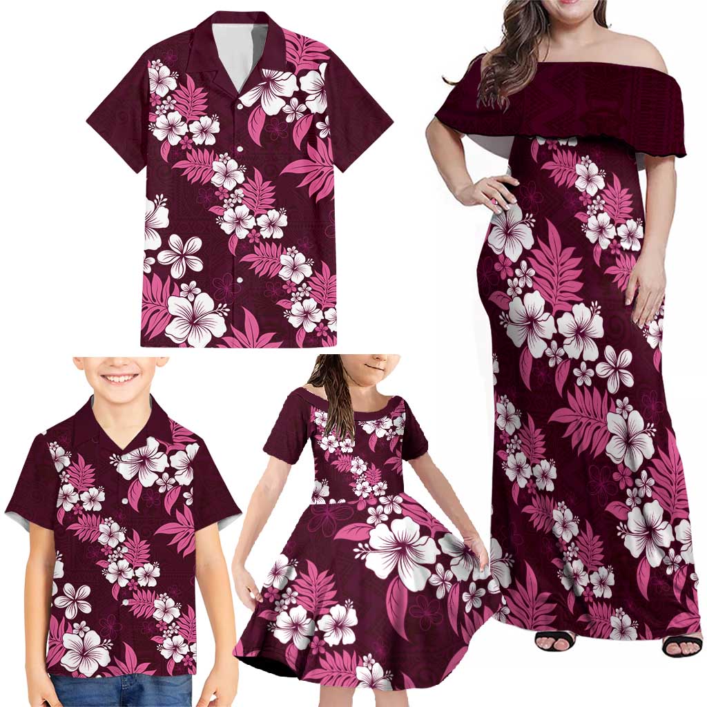 Hawaiian Hibiscus Tribal Floral Pink Family Matching Off Shoulder Maxi Dress and Hawaiian Shirt Polynesian Tapa Pattern LT01 - Polynesian Pride