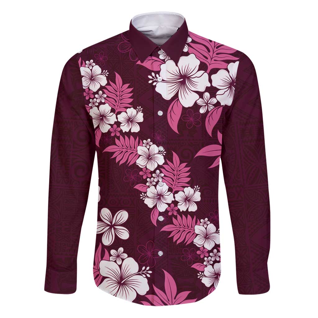 Hawaiian Hibiscus Tribal Floral Pink Family Matching Puletasi and Hawaiian Shirt Polynesian Tapa Pattern LT01 Dad's Shirt - Long Sleeve Pink - Polynesian Pride