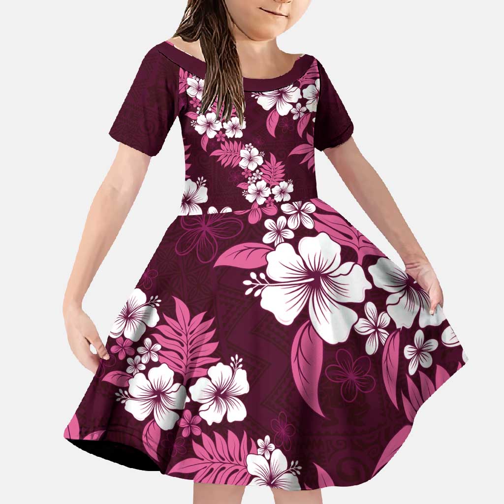 Hawaiian Hibiscus Tribal Floral Pink Family Matching Short Sleeve Bodycon Dress and Hawaiian Shirt Polynesian Tapa Pattern LT01 Daughter's Dress Pink - Polynesian Pride