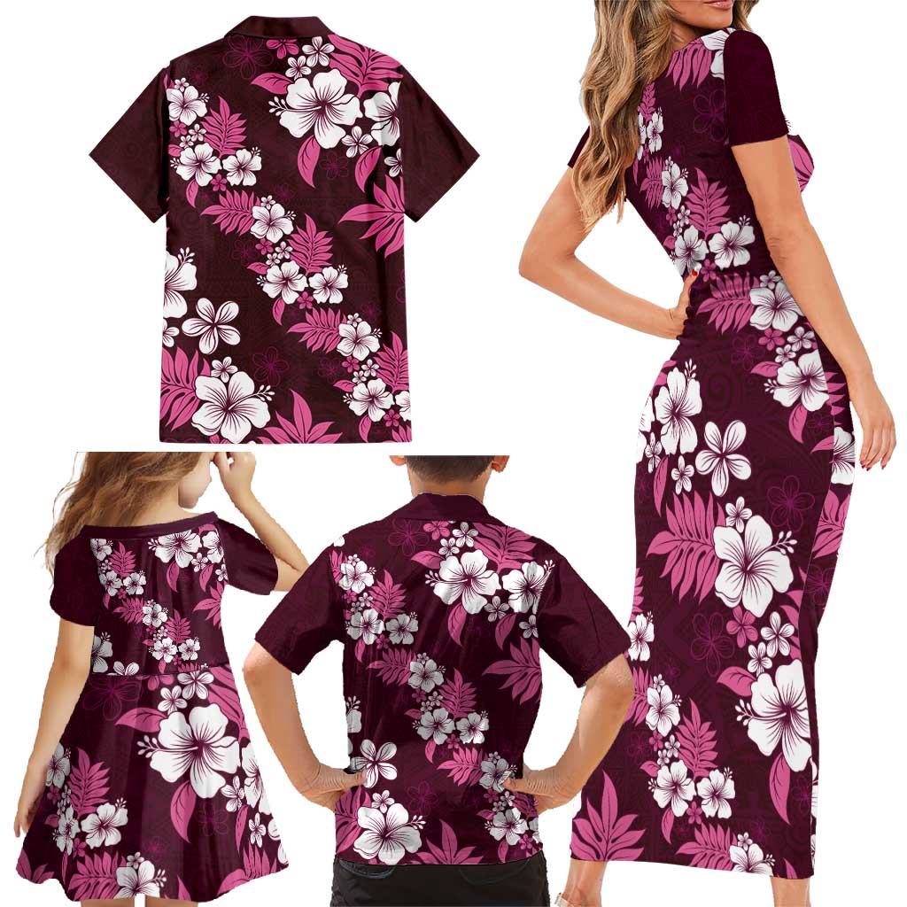 Hawaiian Hibiscus Tribal Floral Pink Family Matching Short Sleeve Bodycon Dress and Hawaiian Shirt Polynesian Tapa Pattern LT01 - Polynesian Pride