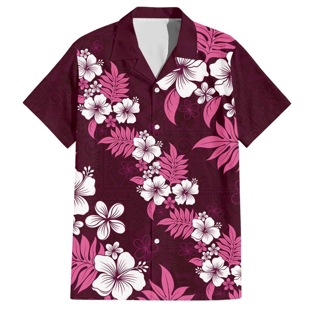 Hawaiian Hibiscus Tribal Floral Pink Family Matching Short Sleeve Bodycon Dress and Hawaiian Shirt Polynesian Tapa Pattern LT01 Dad's Shirt - Short Sleeve Pink - Polynesian Pride