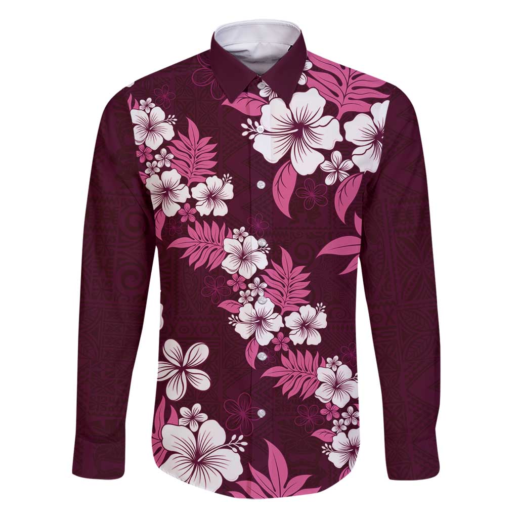Hawaiian Hibiscus Tribal Floral Pink Family Matching Tank Maxi Dress and Hawaiian Shirt Polynesian Tapa Pattern LT01 Dad's Shirt - Long Sleeve Pink - Polynesian Pride
