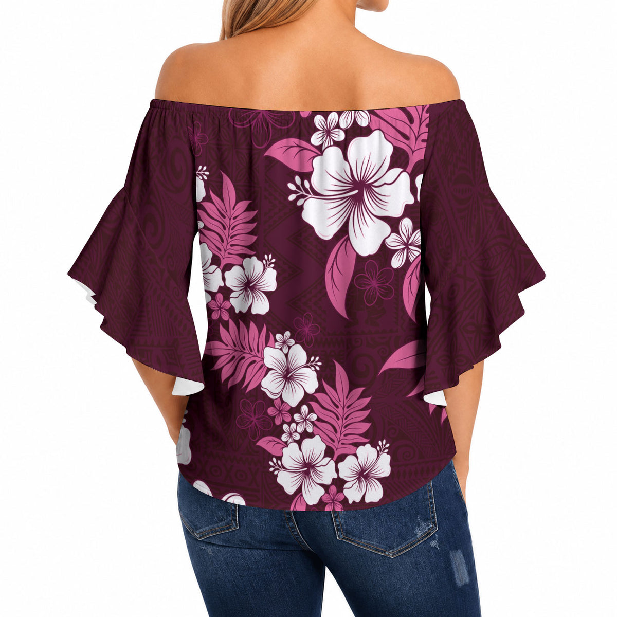 Hawaiian Hibiscus Tribal Floral Pink Off Shoulder Wrap Waist Top Polynesian Tapa Pattern LT01 - Polynesian Pride